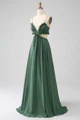 Thin shoulder strap with ruffle edge, green hollow out long bridesmaid dress