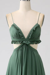 Thin shoulder strap with ruffle edge, green hollow out long bridesmaid dress