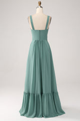 A Line Chiffon Green Long Bridesmaid Dress with Pleated