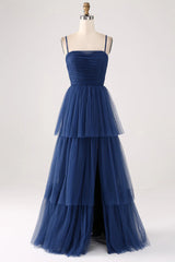 A Line thin shoulder strap layered sheer pleated slit prom dress