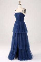 A Line thin shoulder strap layered sheer pleated slit prom dress