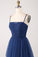 A Line Spaghetti Straps Tiered Tulle Pleated Prom Dress with Slit
