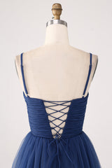 A Line Spaghetti Straps Tiered Tulle Pleated Prom Dress with Slit
