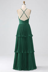 A-Line Dark Green Tiered Chiffon Bridesmaid Dress with Pleated
