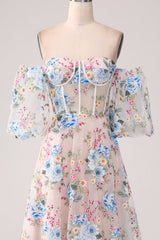 A-Line Apricot Flower Off the Shoulder Long Corset Prom Dress