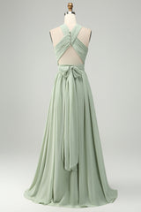 A Line Halter Chiffon Sage Green Pleated Long Bridesmaid Dress with Slit
