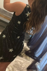 Gaine une épaule paillettes noires courte robe de retour avec étoile