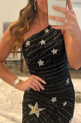 Gaine une épaule paillettes noires courte robe de retour avec étoile