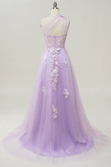 Sky Blue A Line One Shoulder Long Prom Dress with Appliques