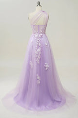 Elegant A Line One Shoulder Purple Long Prom Dress with Appliques