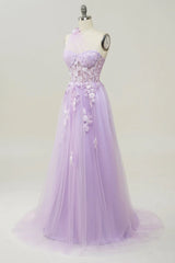Elegant A Line One Shoulder Purple Long Prom Dress with Appliques