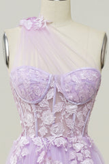 Elegant A Line One Shoulder Purple Long Prom Dress with Appliques