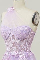 Elegant A Line One Shoulder Purple Long Prom Dress with Appliques