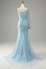 Sky Blue One Shoulder Mermaid Prom Dress With Appliques