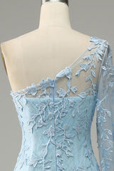 Sky Blue One Shoulder Mermaid Prom Dress With Appliques