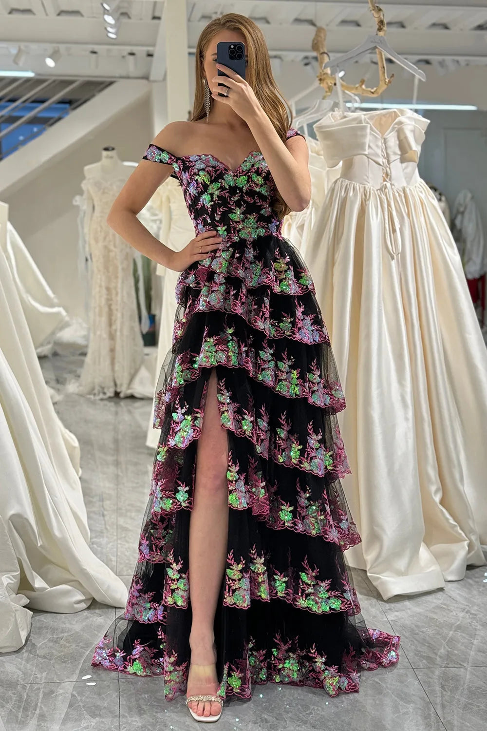 Wholesale Gorgeous Shiny A-Line Long Tiered Corset Prom Dress With Sequined Appliques prom dresses shops