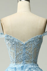 Princess A Line Off the Shoulder Blue Long Prom Dress with Appliques