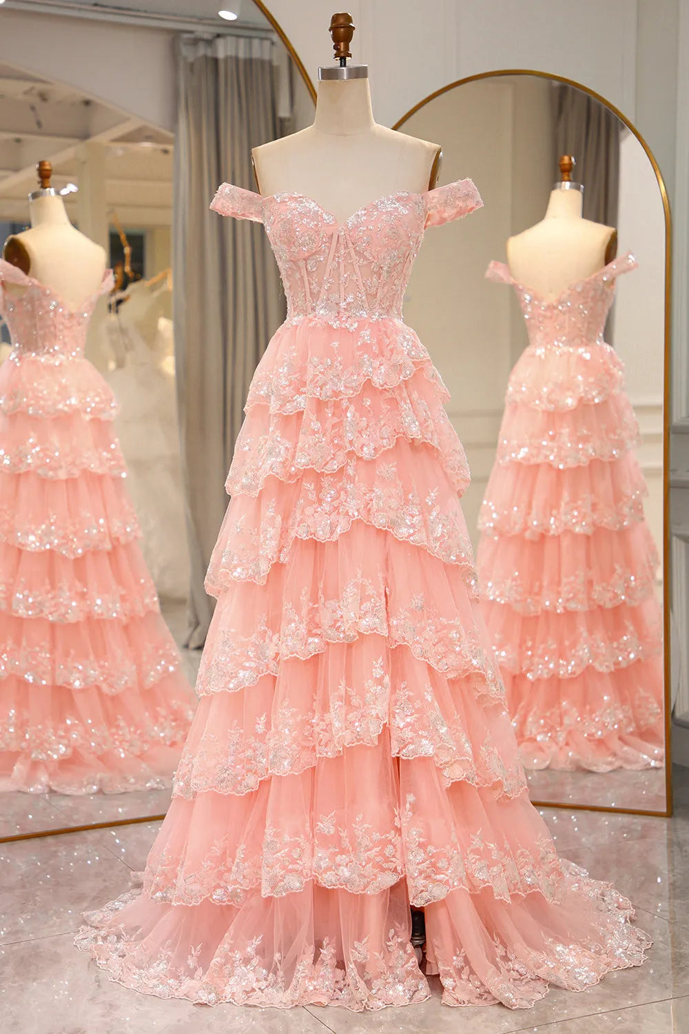 Wholesale Gorgeous Shiny A-Line Long Tiered Corset Prom Dress With Sequined Appliques prom dresses shops