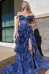 Princess A Line Off the Shoulder Corset Prom Dress with Lace Ruffles