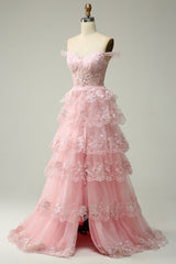 Princess A Line Off the Shoulder Pink Long Prom Dress with Appliques