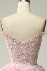 Princess A Line Off the Shoulder Pink Long Prom Dress with Appliques