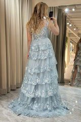Wholesale Glitter Silver A-Line Long Tiered Corset Prom Dress With Sequined Appliques prom dresses with long sleeves
