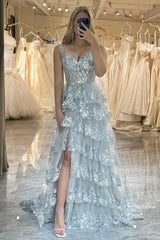 Wholesale Glitter Silver A-Line Long Tiered Corset Prom Dress With Sequined Appliques prom dresses with long sleeves