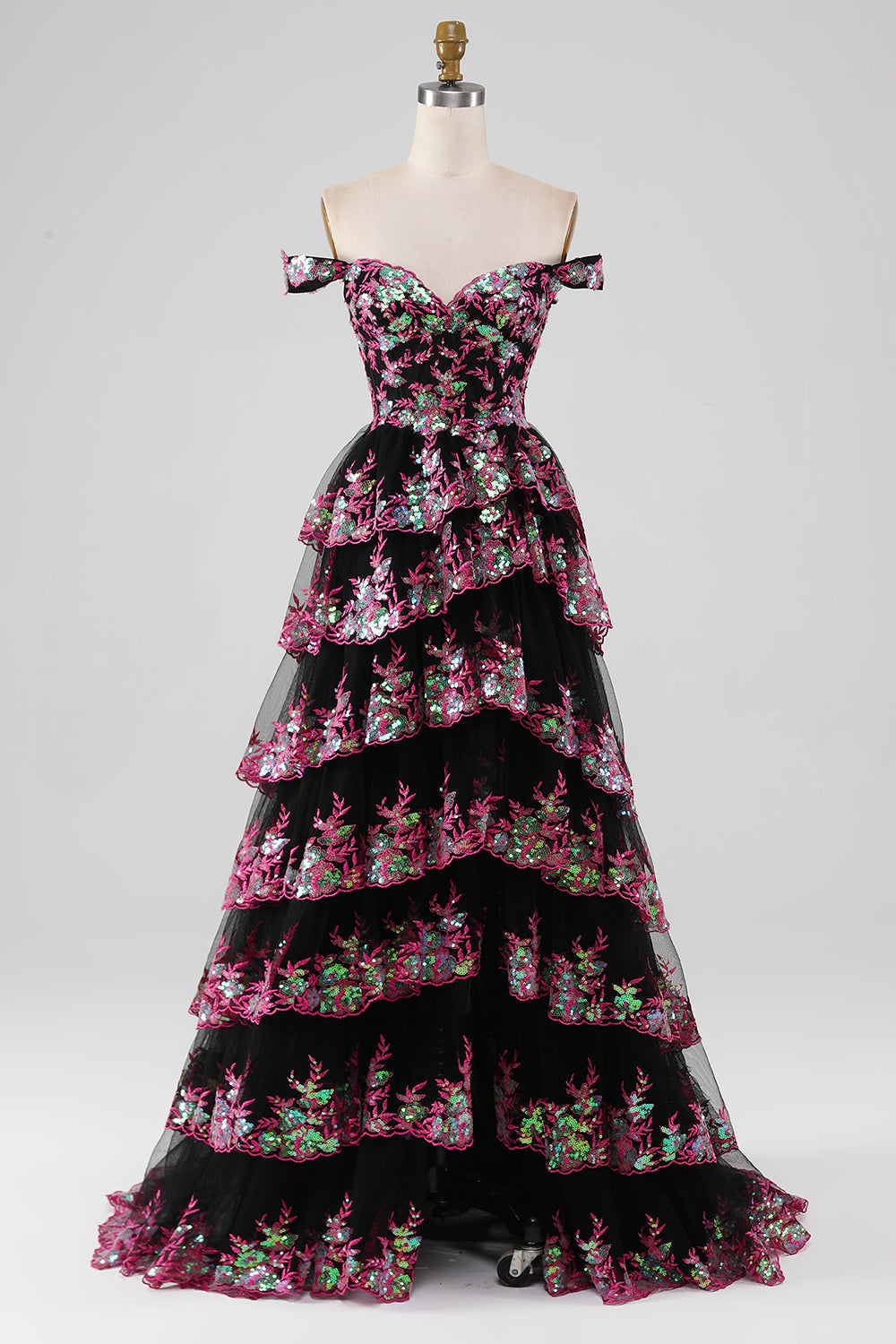 Sparkly Black Pink Tiered Lace A-Line Long Prom Dress with Slit