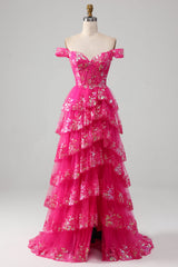 Princess A Line Off the Shoulder Black Pink Long Prom Dress with Tiered Lace