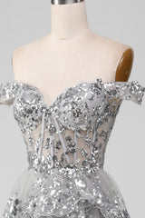 Off the Shoulder Grey Silver Sparkly Tiered Prom Dress with Slit