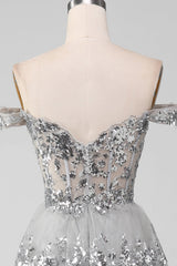 Off the Shoulder Grey Silver Sparkly Tiered Prom Dress with Slit