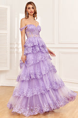 Princess A Line Off the Shoulder Pink Long Prom Dress with Appliques