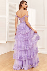 Princess A Line Off the Shoulder Pink Long Prom Dress with Appliques