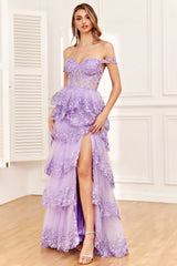 Princess A Line Off the Shoulder Pink Long Prom Dress with Appliques