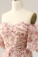 Ivory Red Flower Off The Shoulder Prom Dress