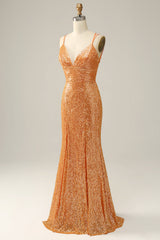 Orange Sequined Backless Mermaid Prom Dress