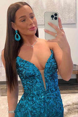 Fuchsia Strapless Sequins Long Prom Dress with Slit