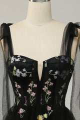 Black Embroidery Corset Long Prom Dress