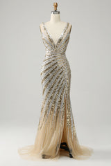 Mermaid Beaded sequins Prom Dress, Deep V Neck Golden Long Prom Evening Gowns with Silt