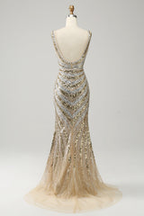 Mermaid Beaded sequins Prom Dress, Deep V Neck Golden Long Prom Evening Gowns with Silt