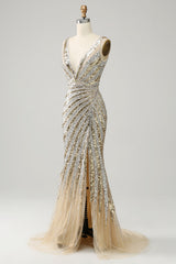 Mermaid Beaded sequins Prom Dress, Deep V Neck Golden Long Prom Evening Gowns with Silt
