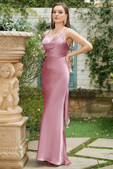 Sheath Spaghetti Straps Light Green Long Bridesmaid Dress with Bowknot