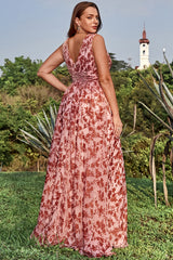 A Line V Neck Deep V Neck Rust Printed Plus Size Prom Dress with Split Front