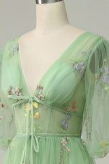 A-Line V-Neck Embroidery Green Short Sleeves Long Prom Dress