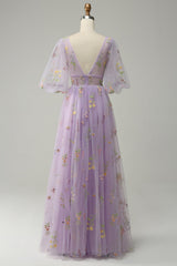 A-Line V-Neck Embroidery Lavender Short Sleeves Long Prom Dress