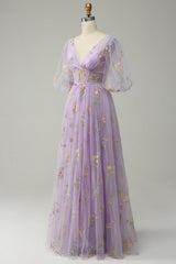 A-Line V-Neck Embroidery Green Short Sleeves Long Prom Dress