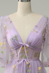 A-Line V-Neck Embroidery Lavender Short Sleeves Long Prom Dress