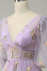 A-Line V-Neck Embroidery Lavender Short Sleeves Long Prom Dress