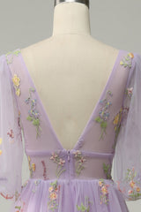 A-Line V-Neck Embroidery Lavender Short Sleeves Long Prom Dress