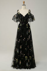 A-Line V-Neck Spaghetti Straps Embroidery Lavender Slit Prom Dress